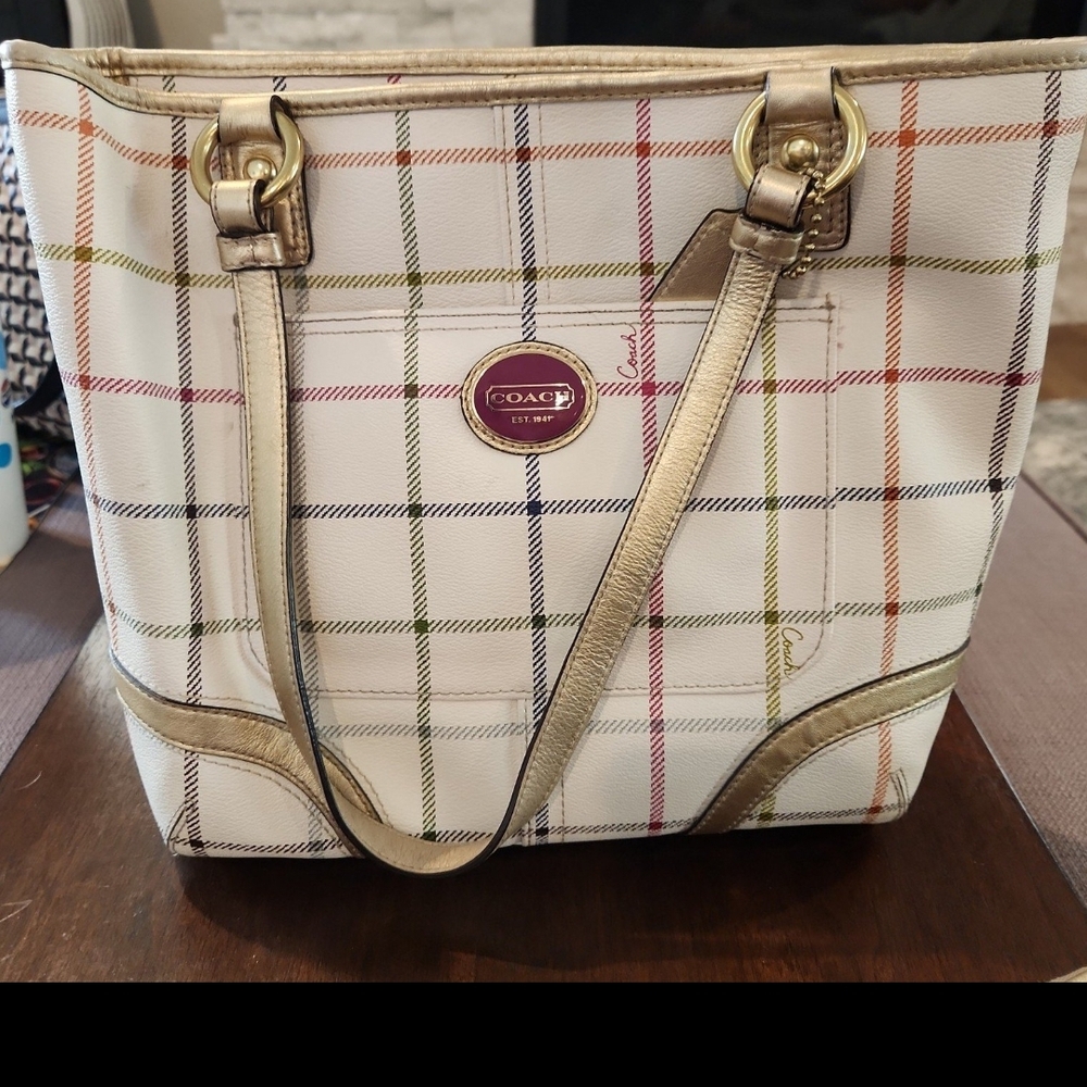 Coach Plaid Tote Bag - White and Gold With Matching Wallet